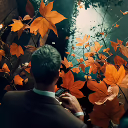 man taking photo of leaves on branch in city