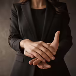 a woman in a black suit is touching her hands