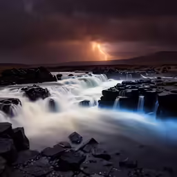 waterfall with a bright lightning in the background and water coming off it