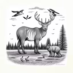 the drawing shows the deer and two birds,a white - tailed deer and other animals in a field