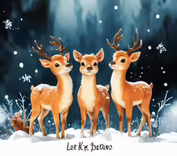 three fawns standing in the snow while they look like they are ready to jump