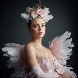 a girl in a pink dress with angel wings, pink flowers and a flower crown