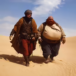 two large men walk in the desert wearing clothing