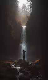 man on rocks standing by a waterfall with bright sunlight