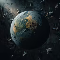a small globe sits on top of the debris
