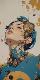 a painting of a woman with headphones on her ears