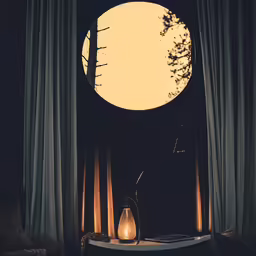a table with an open lantern sitting underneath the moonlight filled tree