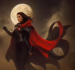 a woman in red cape and cape coat holding a knife