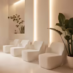 the large room has many white chairs on it