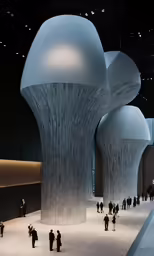the inside of a museum, with a few people walking by