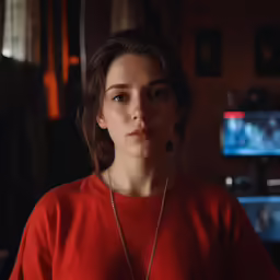 a woman wearing a red shirt and silver necklace