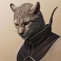 a close up of a cat wearing a leather jacket