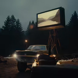 a car is going by an outdoor movie screen