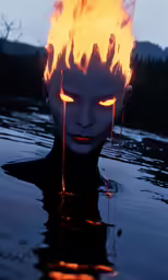 a person with flames on their face is submerged in water