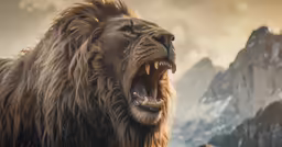 a very large furry looking lion with an open mouth