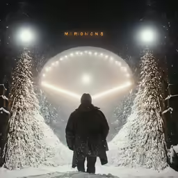 man standing in front of lighted tunnel that looks like snow
