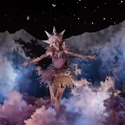 a costumed lady is on stage with clouds and some stars