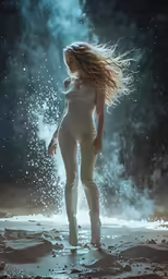 the woman is standing on the wet ground