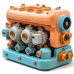 an old model engine with gears and valves on display