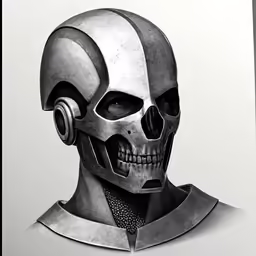 a skeleton and a sci device in front of a white background