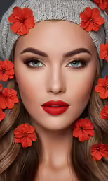 a woman with red flowers on her head, wearing a gray sweater