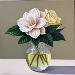 an oil painting of flowers in a glass vase,a painting of a vase filled with flowers on a table