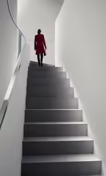 woman in red walking down stairs looking down