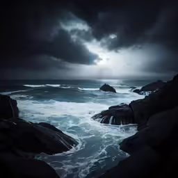 a dark water scene with a large body of water surrounded by rocks