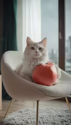 a white cat sitting on top of a white chair