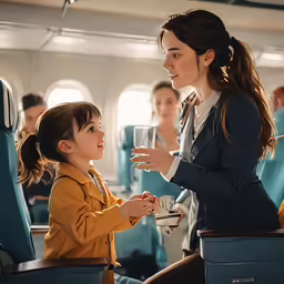 a woman and young girl sitting on an airplane