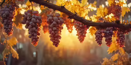 close up of red grapes on branch in front of golden leaves