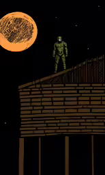 a stylized image of an alien stands on top of a brick building