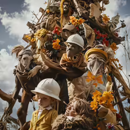 there are people dressed in costume next to a sculpture of animals