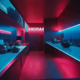 a red and blue lit kitchen, with the lights on