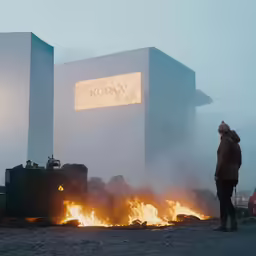 there is a man in the street by a fire and there are boxes