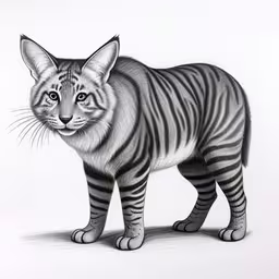 a drawing of a tiger cub looking into the camera,a pencil drawing of a striped cat looking off