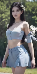the woman in the grey top is holding flowers