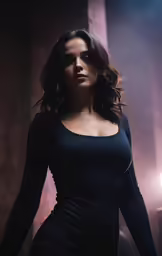 a woman standing in the dark in black
