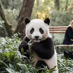 the woman sits on a bench, posing with a giant panda bear
