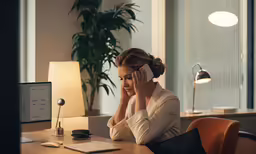 a woman sitting at a computer with her hand on her head