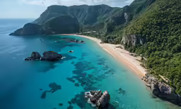 an aerial view of a turquoise beach and trees