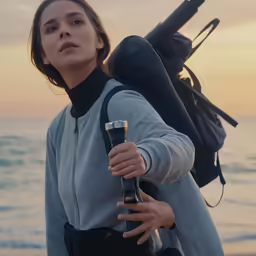 a young woman holding a backpack near the beach