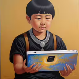 a painting of a child with a tablet computer