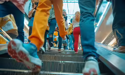 many people are on an escalator going down the stairs