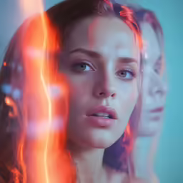 a woman standing between two identical photos