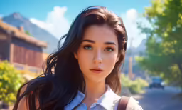 woman in a white shirt and brown backpack with blue sky and clouds behind her