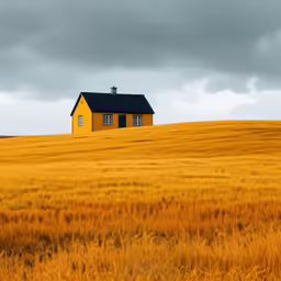 a yellow house with brown shutters on top of a grassy hill