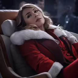 woman in a red and white suit sitting on the arm of a chair