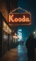 the neon sign is lit for good luck on this side street