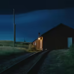 a dark, cloudy night sits in the distance as a train approaches